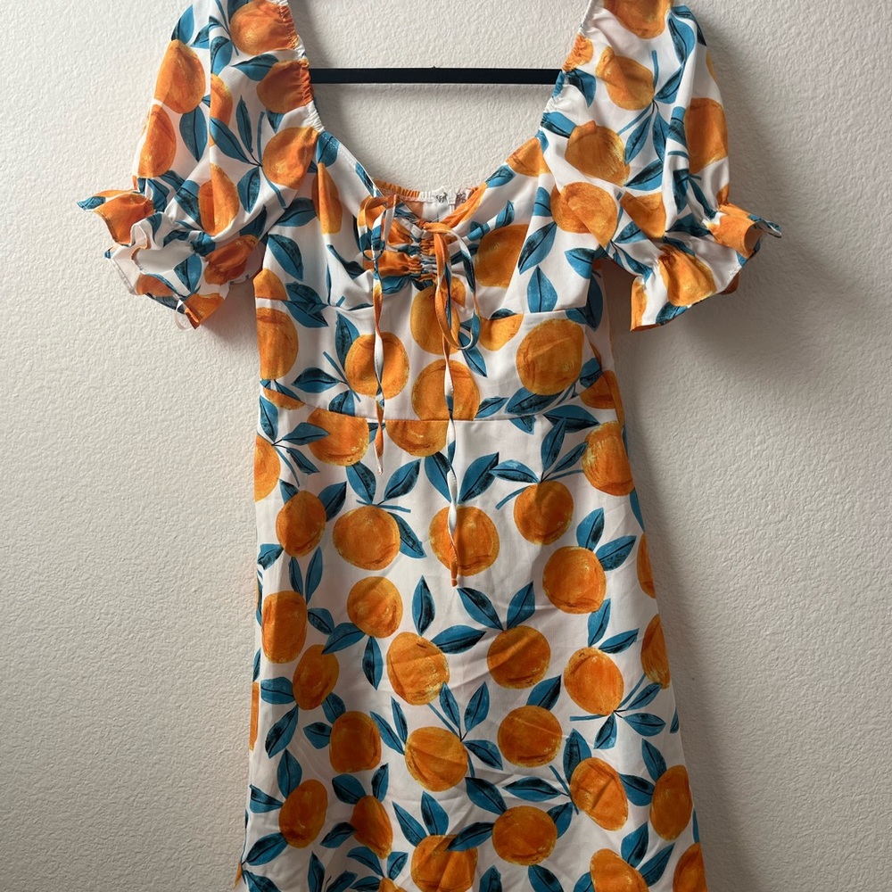 Peach 🍑 Print Ruffle Puff Sleeve Drawstring Skater Dress Shein